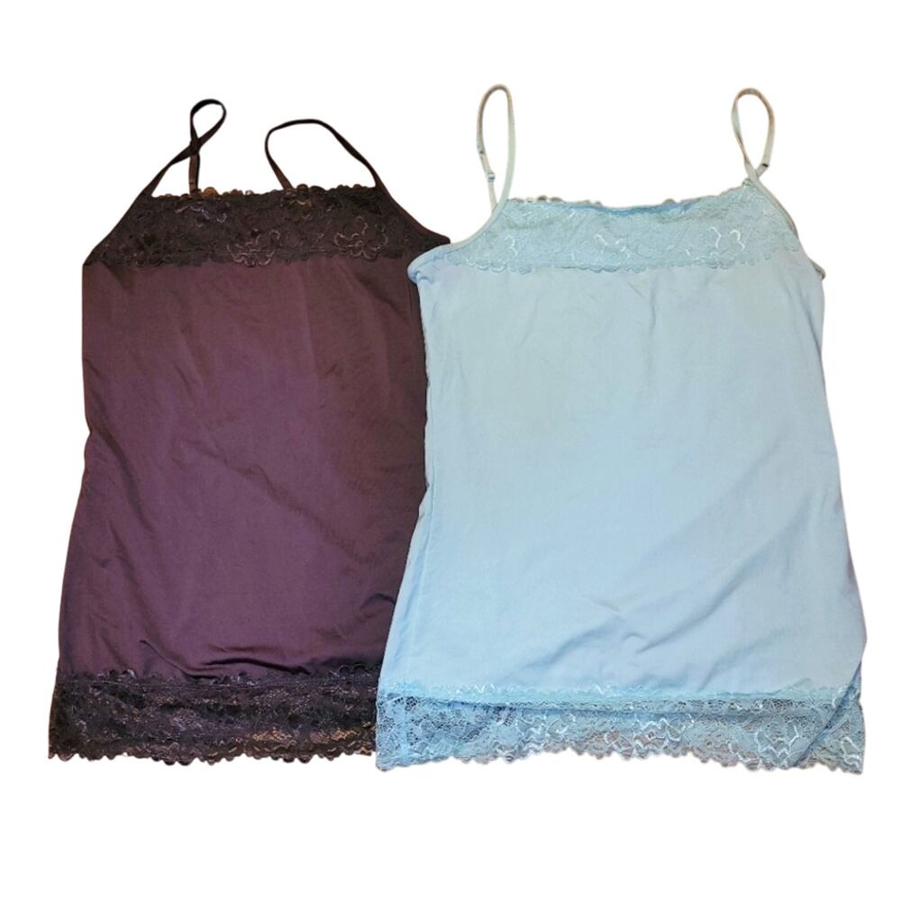 Vtg Y2K Lace Trim Satin Camisole Set Of 2 In Brown & Baby Blue High Square Neck